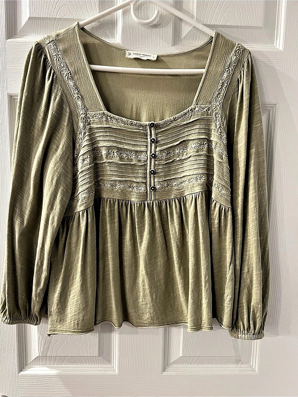 Lucky Brand Embroidered Long Sleeve Peplum Top Green Medium